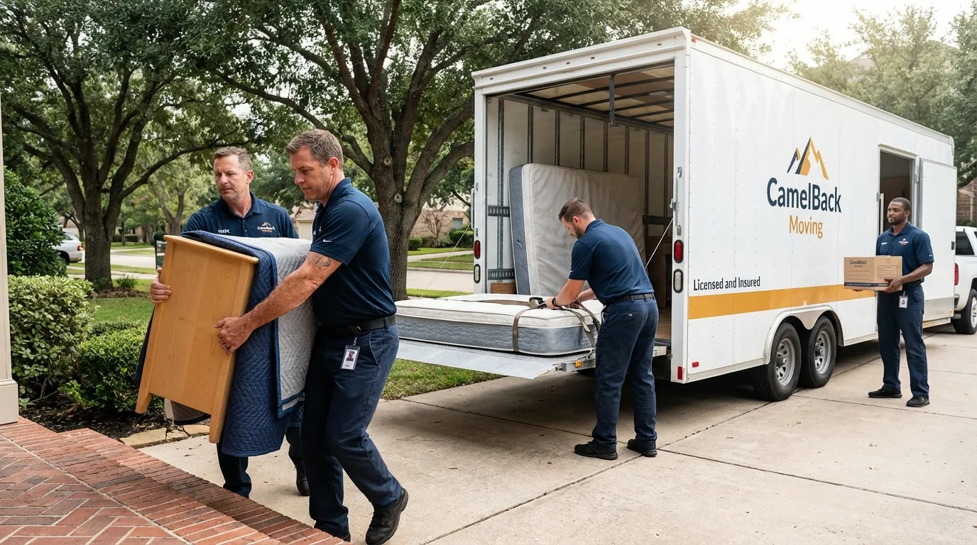 Crew loading residential truck for cross-state move from Buhl, ID