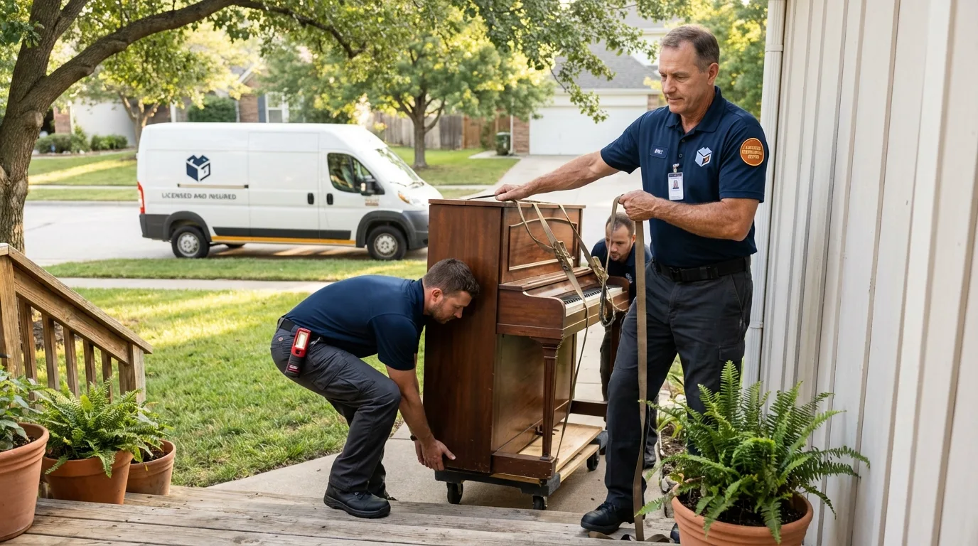 Licensed piano movers securing grand piano in Buhl, ID