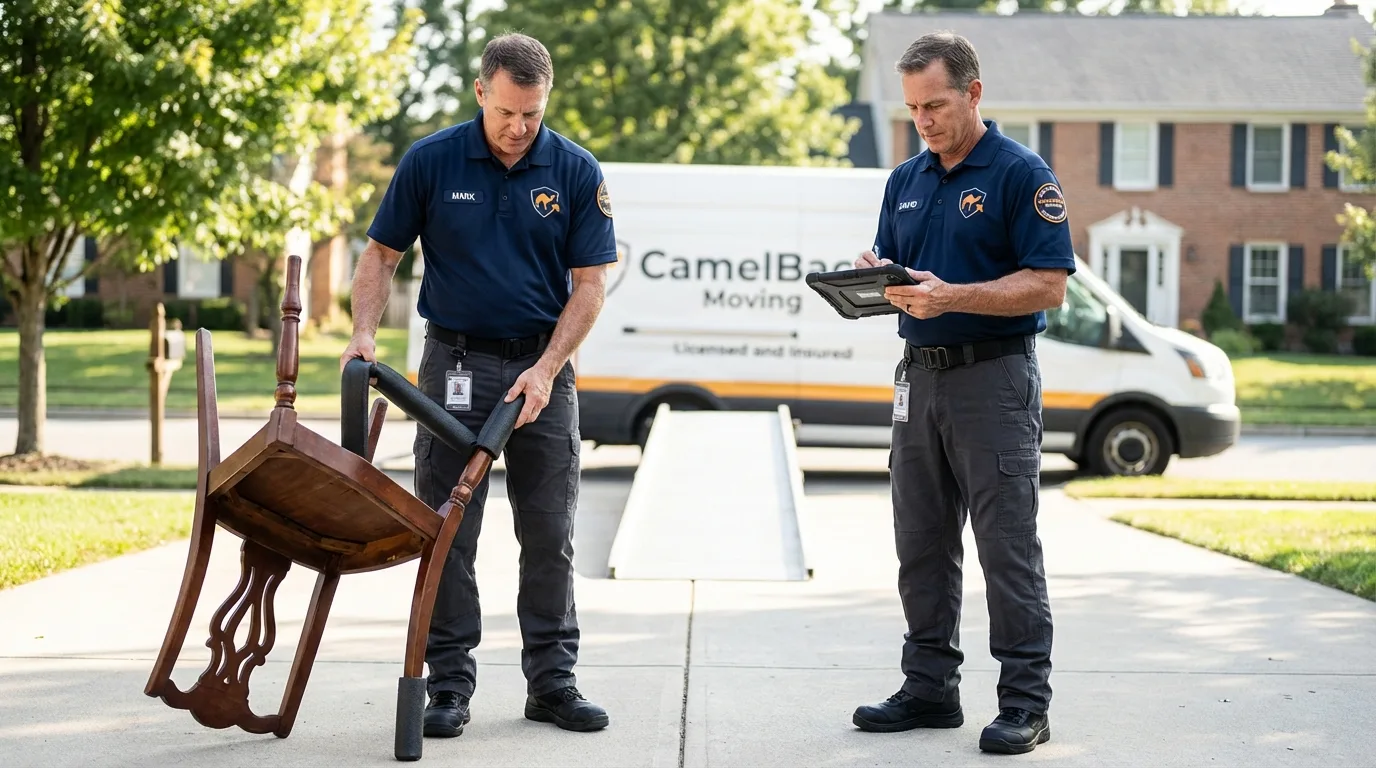 Movers inspecting furniture for damage prevention before loading in Buhl, ID