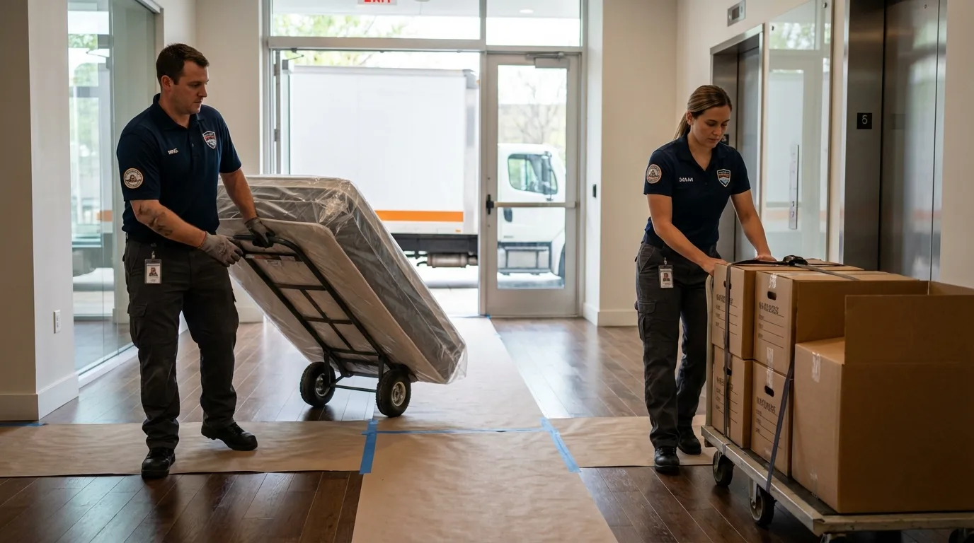 Professional apartment movers loading elevator in Buhl, ID
